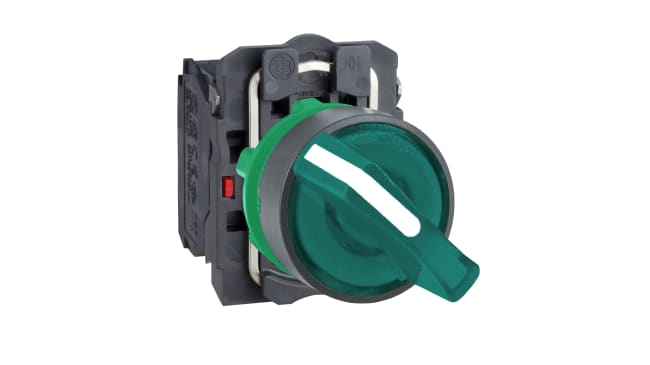 Selettore rotante a 2 posizioni Schneider Electric XB5AK123B5, manopola verde con LED, montaggio a vite, diametro foro 22mm.