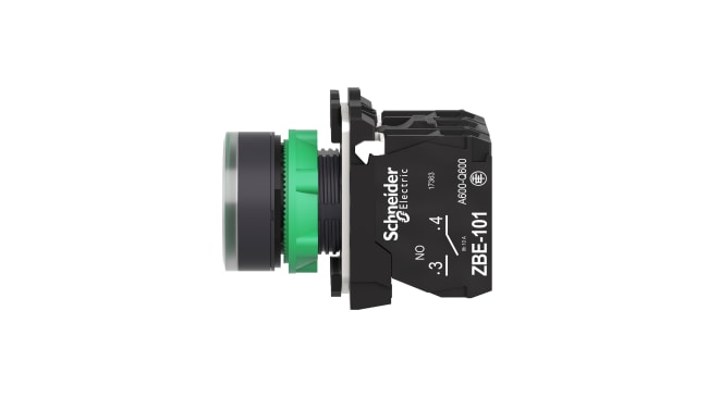 Pulsante illuminato verde Schneider Electric XB5AW33B5, montaggio a pannello, contatto SPDT, protezione IP66/IP67/IP69K.
