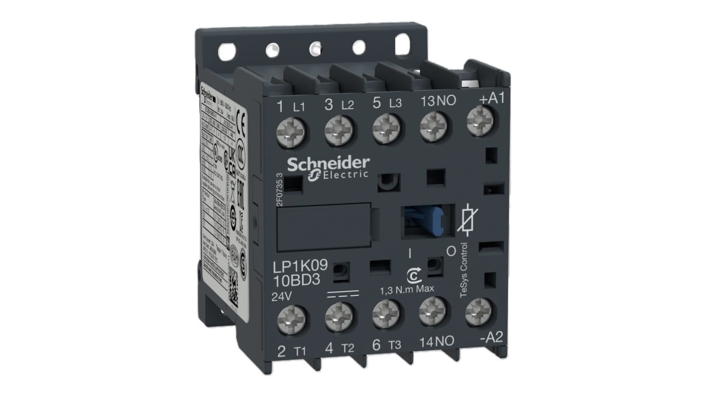 Contattore Schneider Electric LP1K0910BD3, 3 poli, 3 contatti NA, 9 A, montaggio su guida DIN, dimensioni 45 mm x 57.91 mm x 56.8 mm.