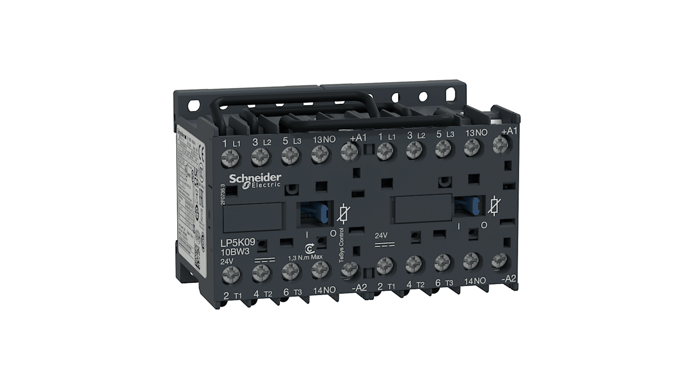 Teleinvertore Reversibile Schneider Electric LP5K0910BW3, 3 poli, 9 A, montaggio su piastra, dimensioni 90x58x57 mm.