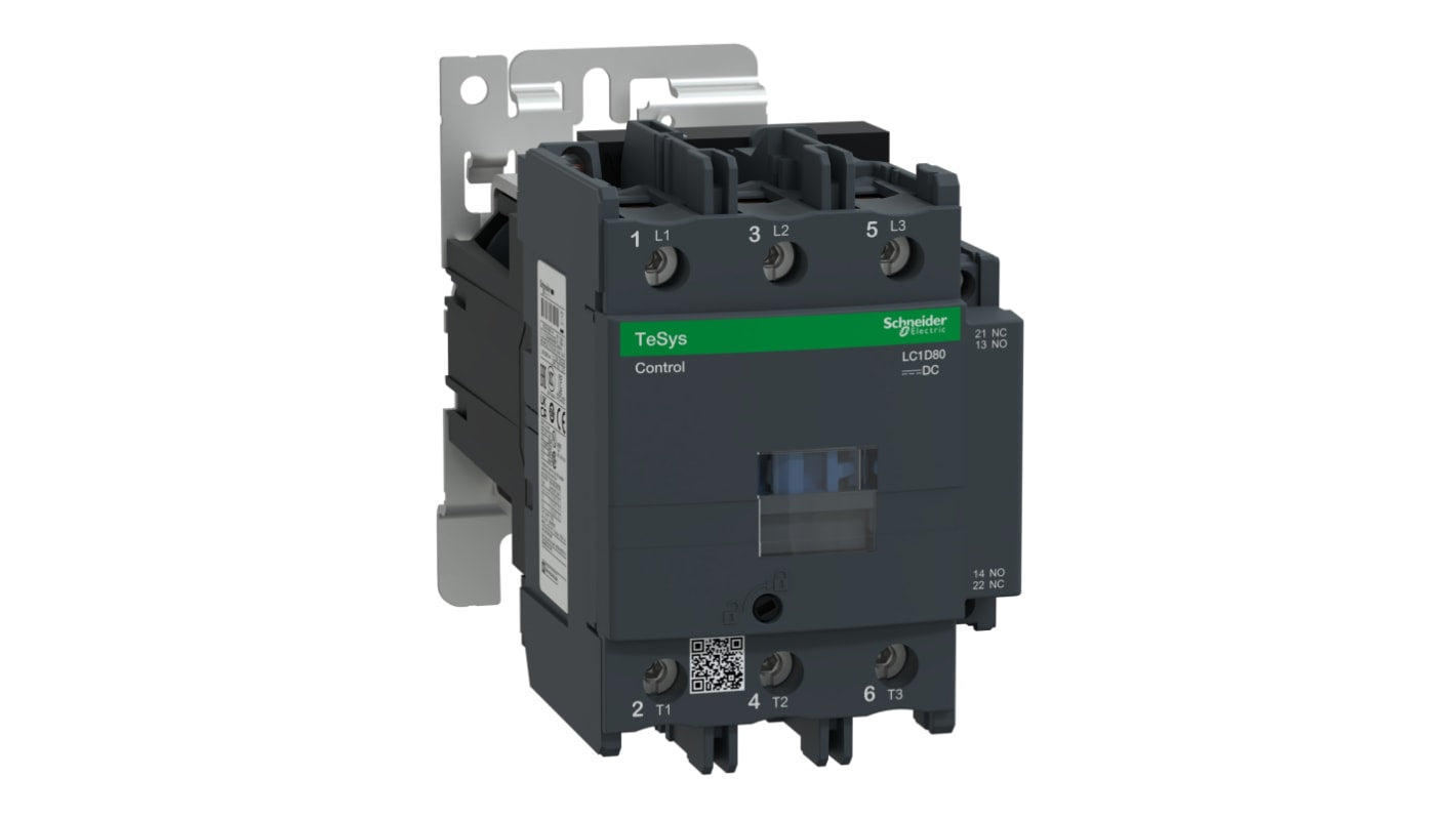 Contattore elettromeccanico Schneider Electric LC1D80BD 3P 80A 45kW 24V c.c. per motori industriali. Resistente, sicuro e duraturo.