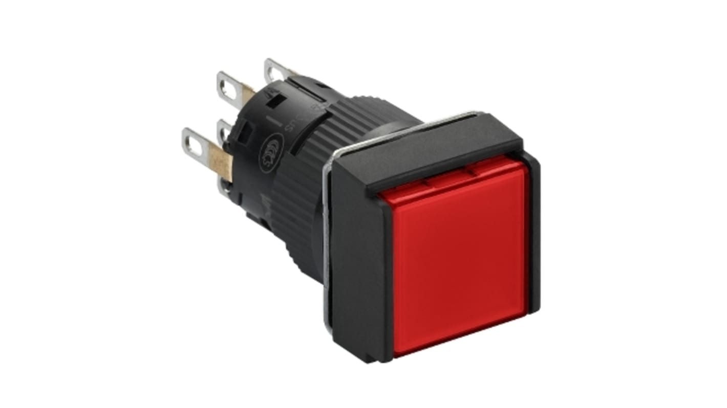 Pulsante DPDT luminoso rosso Schneider Electric XB6ECW4B2P, montaggio a pannello, protezione IP65, diametro foratura 16 mm.