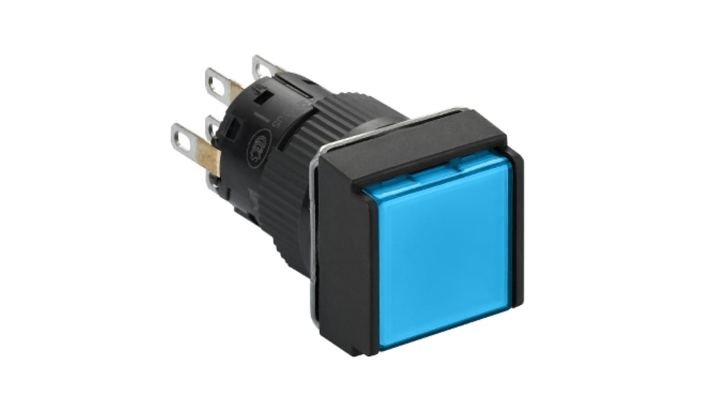Pulsante DPDT illuminato Schneider Electric, montaggio a pannello, testa quadrata, IP65, colore blu, diametro foro 16 mm.