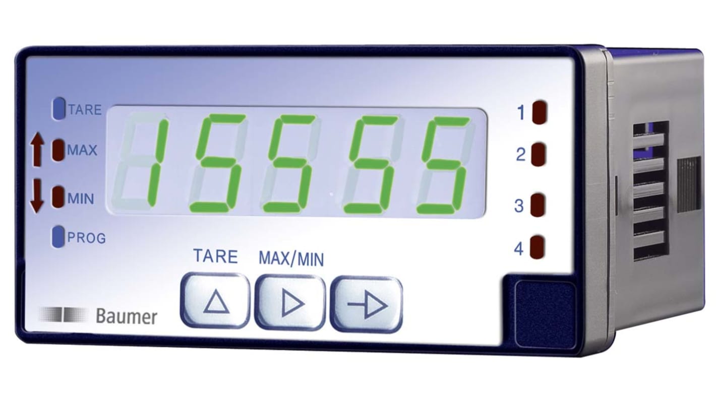 Baumer PA418.214AX01, misuratore digitale multifunzione da pannello 48 x 96 mm, con display LED a 3 colori e ingresso configurabile.