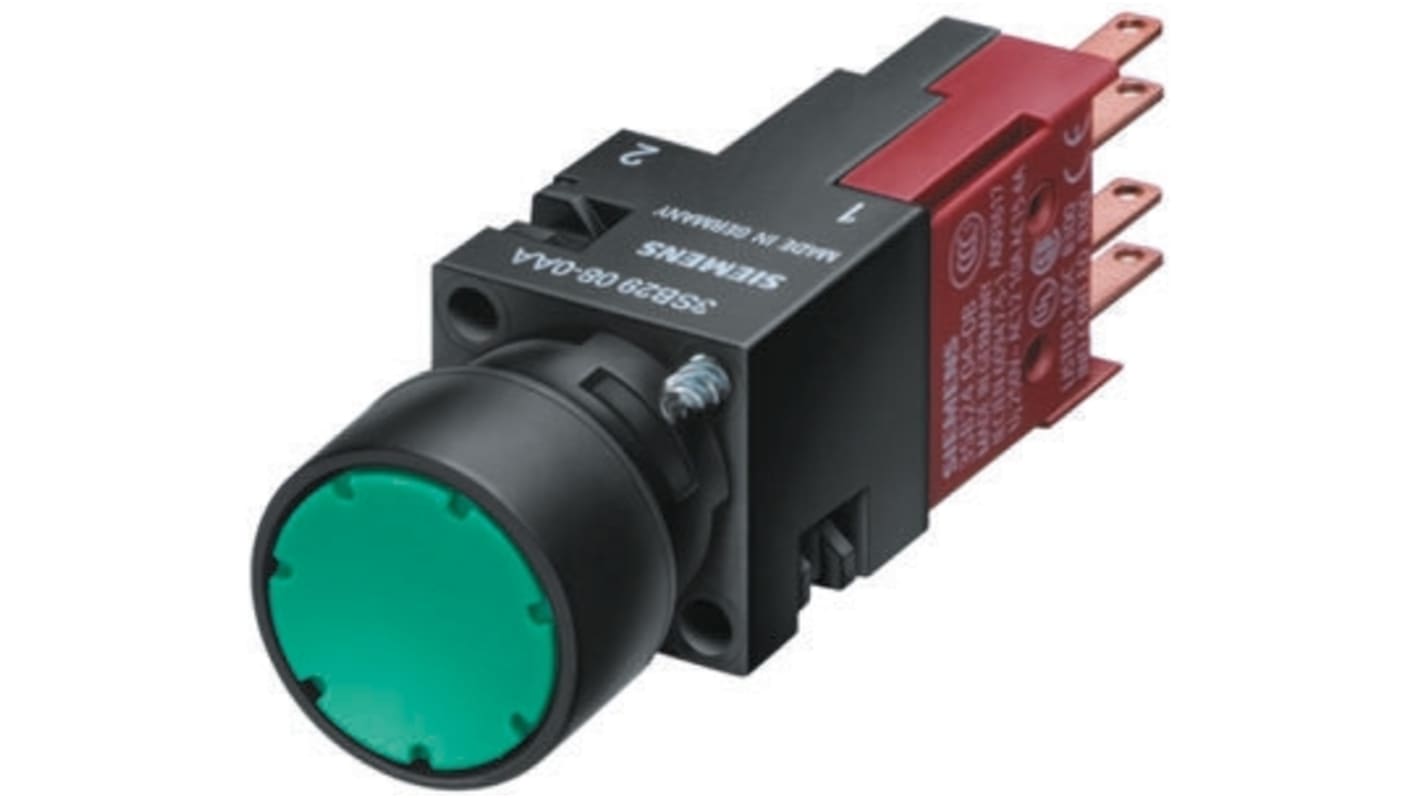 Pulsante luminoso Siemens 3SB2206-0AE01, rotondo verde, montaggio a pannello, IP65, diametro 16 mm, connessione a linguetta.
