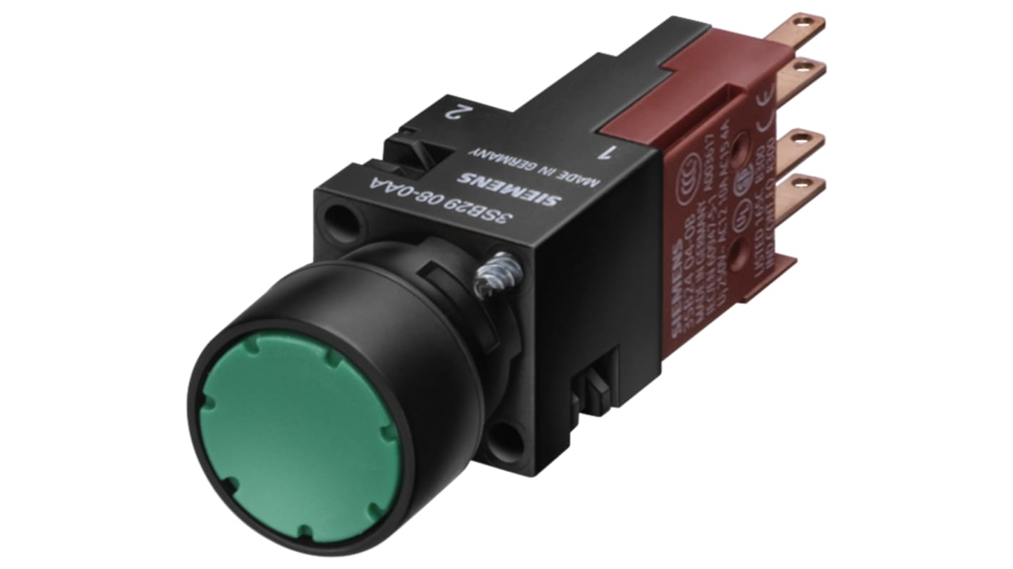 Pulsante luminoso Siemens 3SB2206-0AH01, montaggio a pannello, diametro 16 mm, protezione IP65, temperatura -25°C/+70°C.