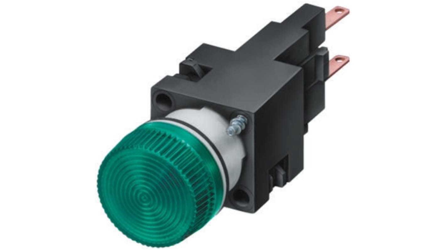 Spia LED Siemens 3SB2224-6BE06, foro 16mm, montaggio a pannello, protezione IP65/IP67, colore verde.