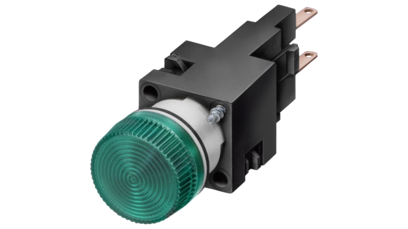 Spia LED rotonda Siemens 3SB2224-6BC06, montaggio a pannello 16mm, protezione IP65/IP67, tensione 250V, corrente 10A.