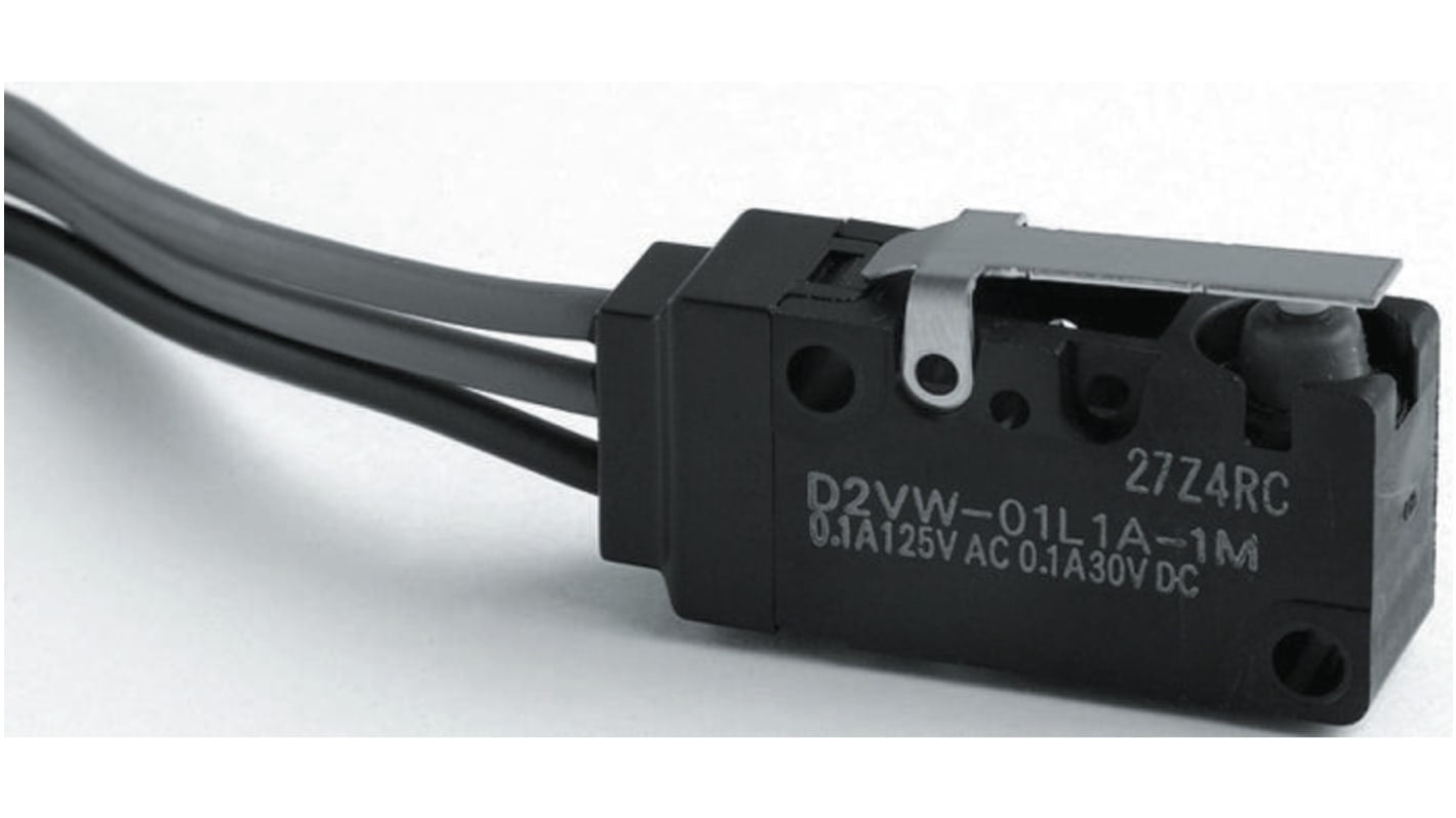 Microinterruttore SPDT pre-cablato Omron D2VW-01L1A-1M(CHN), IP67, attuatore a leva corta, corrente 100 mA a 30 V cc.