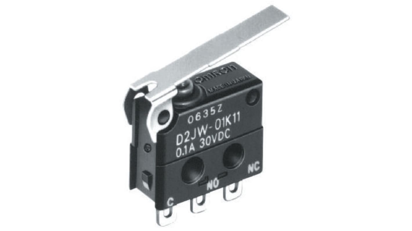 Microinterruttore SPDT pre-cablato Omron D2JW-01K21-MD, attuatore a leva a rullo, protezione IP67, 100 mA a 30 V cc.