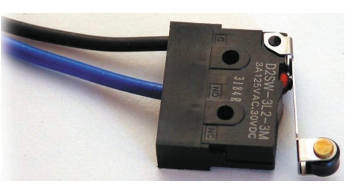 Microinterruttore Omron D2SW-01L2M SPDT pre-cablato, grado di protezione IP67, temperatura operativa -40/+85 °C.
