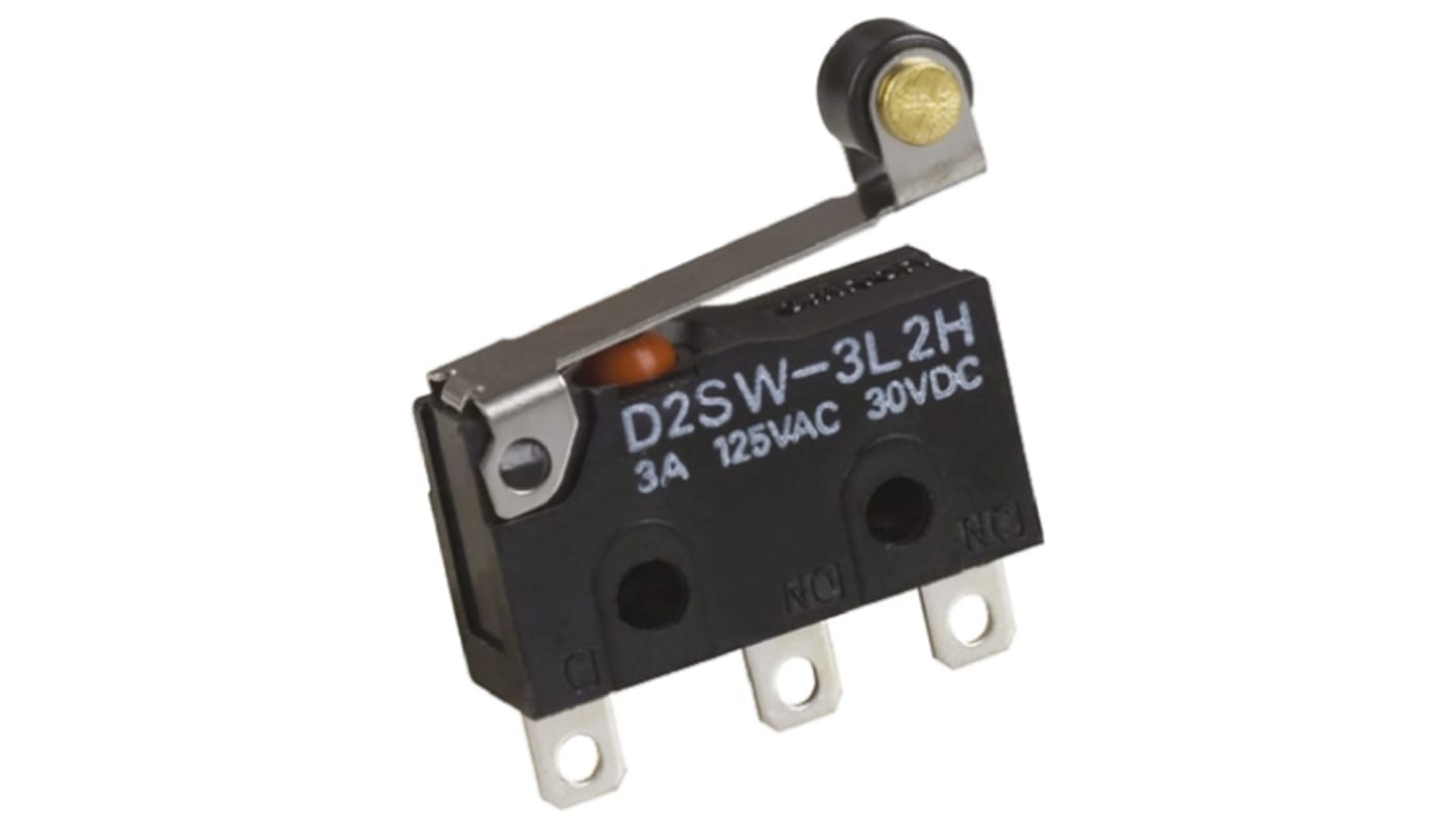 Microinterruttore Omron D2SW-3L2H SPDT, sigillato IP67, corrente 3 A, temperatura -40/+85 °C, leva a rullo, terminale a saldare.