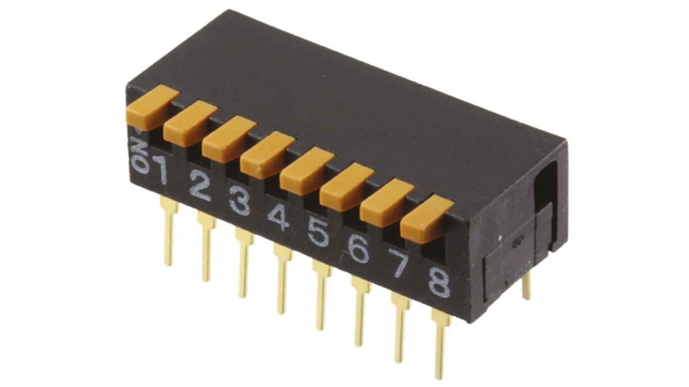 Interruttore DIP 8PST Omron A6DR-8100, montaggio a foro passante, 5 V c.c., contatti placcati oro, resistenza 100 mΩ.