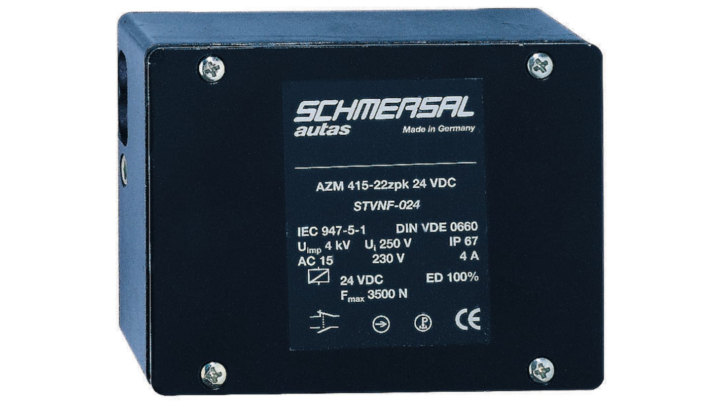 Schmersal AZM415-11/11 ZPKE, interruttore di interblocco a solenoide 110VAC, contatti 2NC e 2NA, grado di protezione IP67, dimensioni 46,5x130x100 mm.