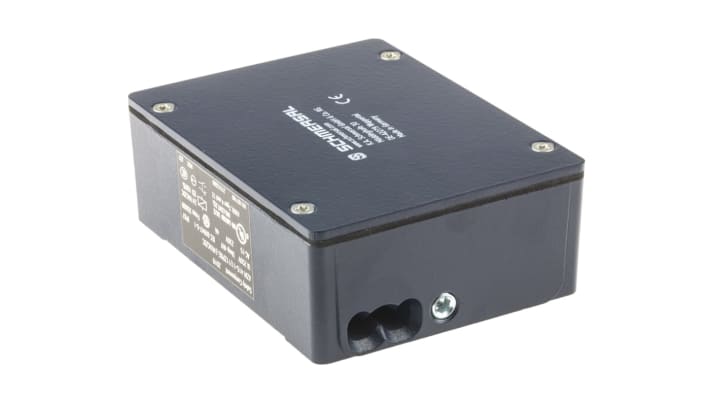 Interruttore di interblocco a solenoide Schmersal AZM415-11/11 ZPKE, 24V, custodia metallica, grado di protezione IP67, dimensioni 100x130x46,5mm.