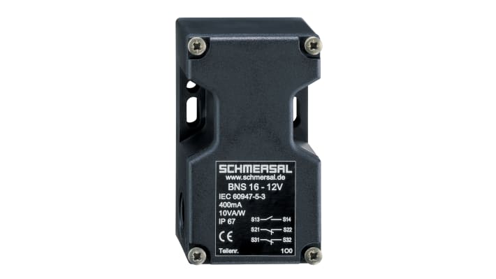 Interruttore di sicurezza senza contatto Schmersal BNS 16-12ZU, tensione 100V, grado di protezione IP67, dimensioni 90x52x38.5 mm.