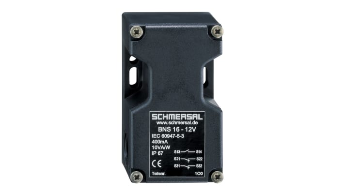 Interruttore di sicurezza senza contatto Schmersal BNS 16-12ZL, grado di protezione IP67, dimensioni 39 x 52 x 90 mm.