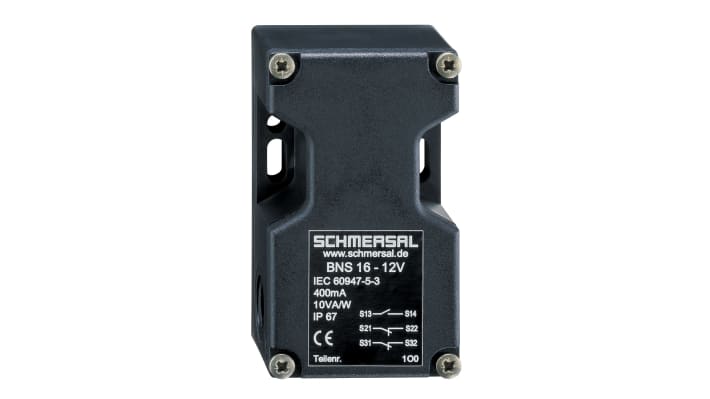 Interruttore di sicurezza senza contatto Schmersal BNS 16-12ZR, IP67, 100V, dimensioni 39x52x90 mm, distanza di commutazione 8 mm (ON).