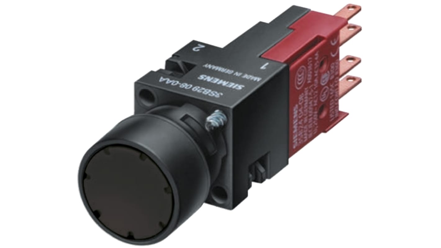 Pulsante Siemens 3SB2202-0AB01, rotondo, montaggio a pannello, diametro 16 mm, protezione IP65, colore nero.