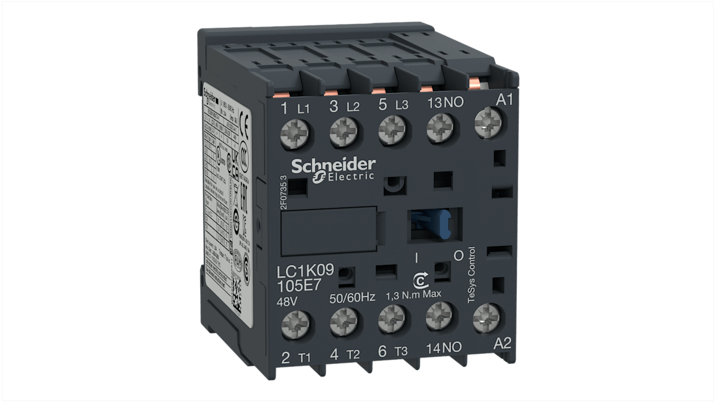 Contattore Schneider Electric LC1K09105E7, 3 poli, 3 NA, 9 A, bobina 48 V c.a., dimensioni 45x58x57 mm.