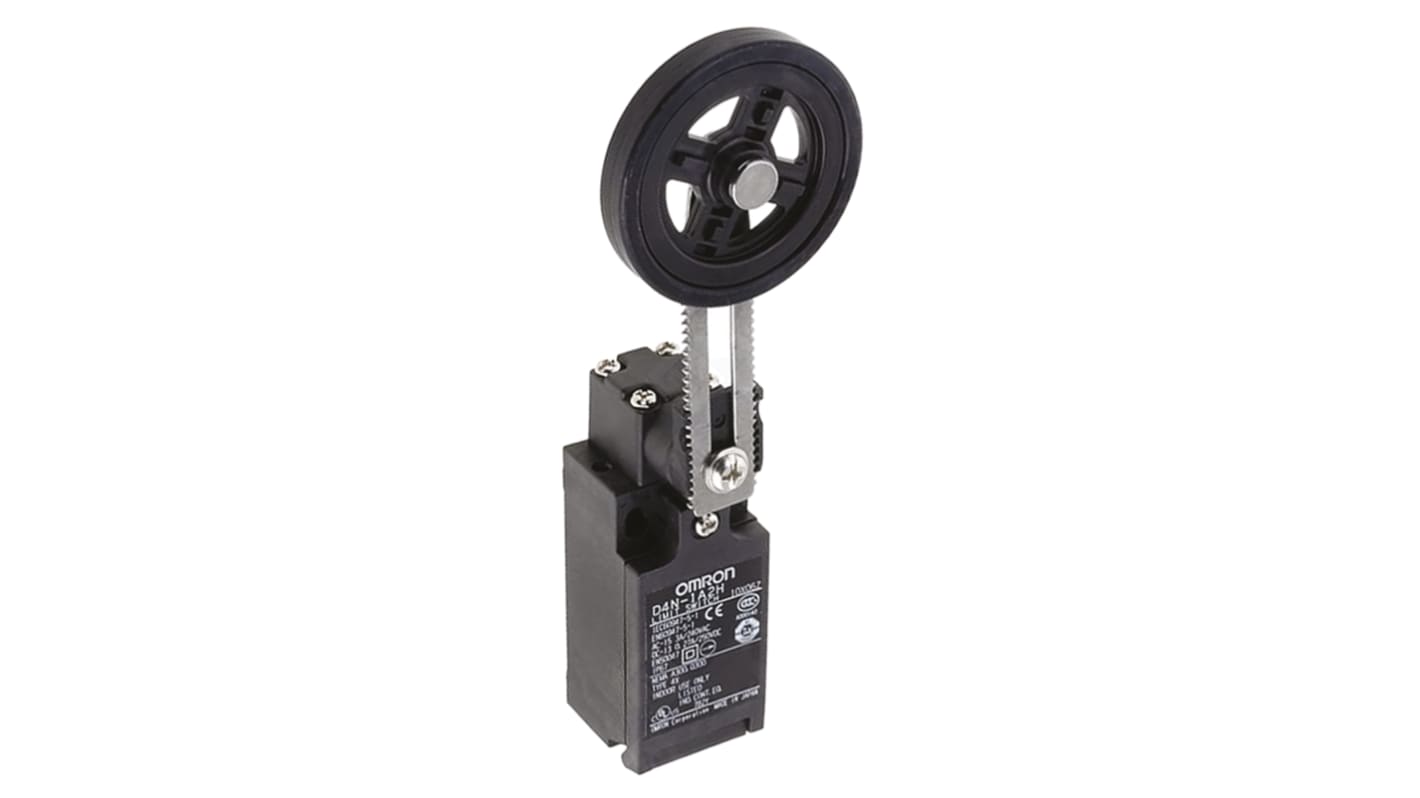 Omron D4N412H, interruttore di fine corsa miniaturizzato con attuatore a rullo, configurazione DPST, dimensioni 64mm x 48.2mm x 31mm.