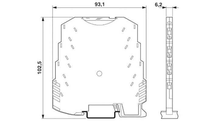 Condizionatore di segnale Phoenix Contact 2813538, amplificatore di isolamento, montaggio su guida DIN, dimensioni 93,1 x 6,2 x 102,5 mm.