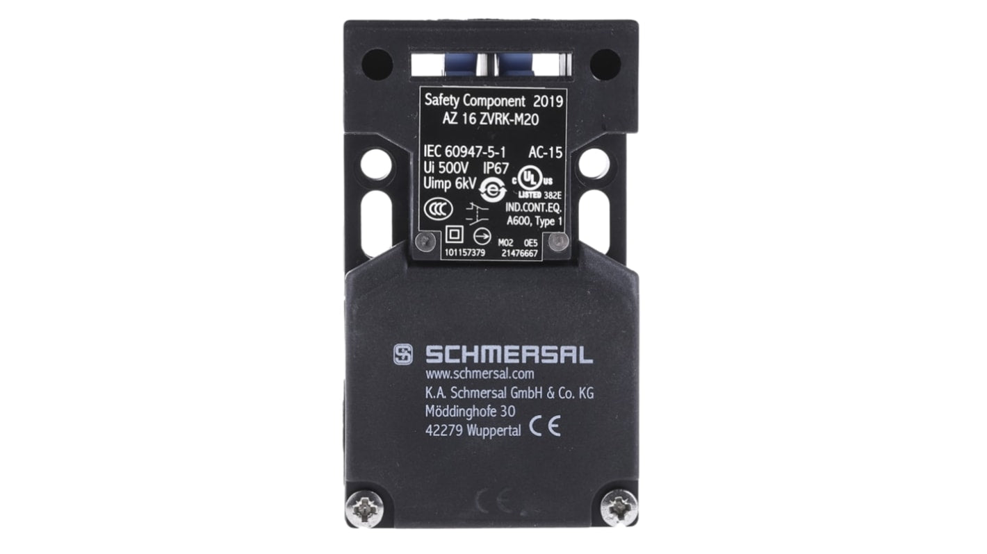 Interruttore di interblocco di sicurezza Schmersal AZ16ZVRK-M20, 1NC/1NA, IP67, dimensioni 90mm x 52mm x 30mm, per applicazioni industriali.