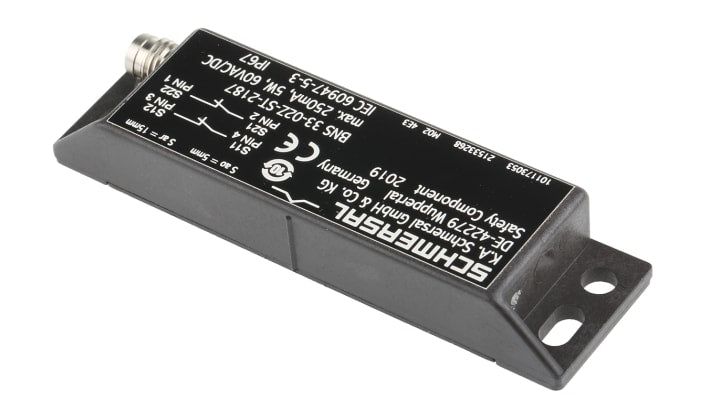 Interruttore di sicurezza M8 Schmersal BNS 33-02Z-ST-2187, grado di protezione IP67, dimensioni 88mm x 25mm x 13mm.