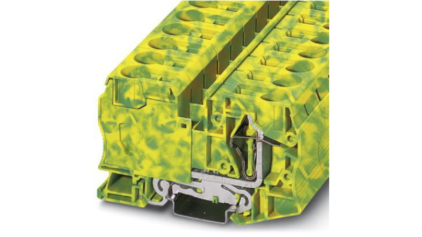 Morsettiera di terra Phoenix Contact Verde/Giallo, 125A - ST 4-FSI/C DIN terminal con fusibile integrato. Morsetti a molla per facilitare l'installazione. Ideale per guide DIN NS 35/7.5 e NS 35/15. Adatto per applicazioni ferroviarie.