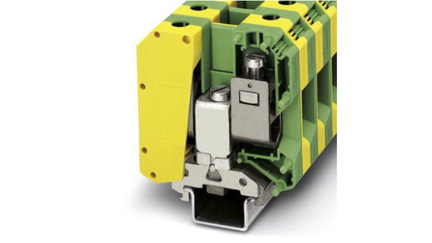 Morsettiera di terra Phoenix Contact 443049, Custodia isolante verde/gialla, 150A, Approvazioni UL/CSA, per conduttori di terra. Ideale per sistemi elettrici industriali.