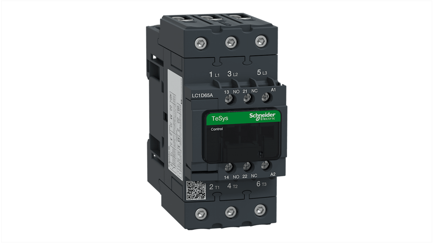 Contattore Schneider Electric LC1D65AE7 3P 48V CA 65A AC-3. Ideale per motori e sistemi di controllo. Alta affidabilità e lunga durata.