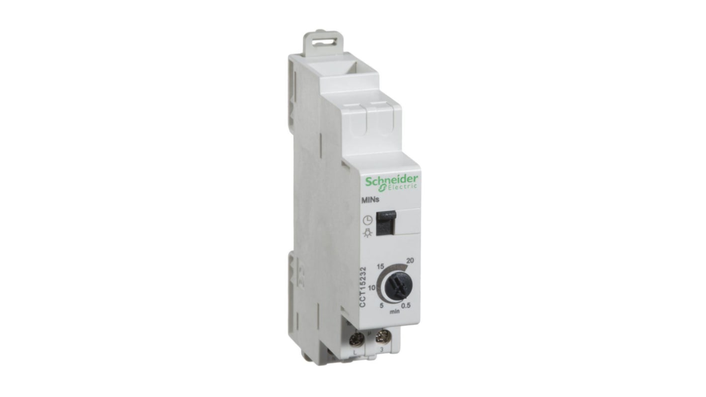Interruttore temporizzato Schneider Electric CCT15232, 230 V, 1 canale, potenza 3600 W, regolazione tempo 30s-20min, dimensioni 89x66 mm.