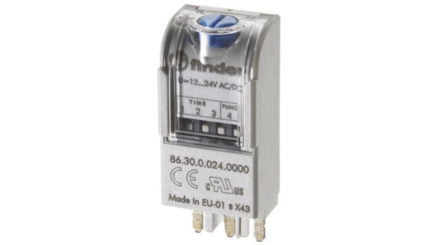Modulo timer Finder 86.30.8.120.0000 per Serie 90-97, con doppia funzione e LED di stato, compatibile con relè Finder.
