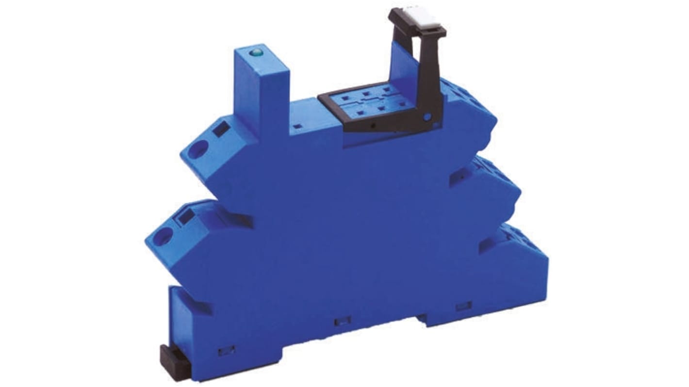Zoccolo Finder 93.52.7.024 per relè Serie 41, montaggio su guida DIN, tensione 24V cc, design robusto per applicazioni industriali.