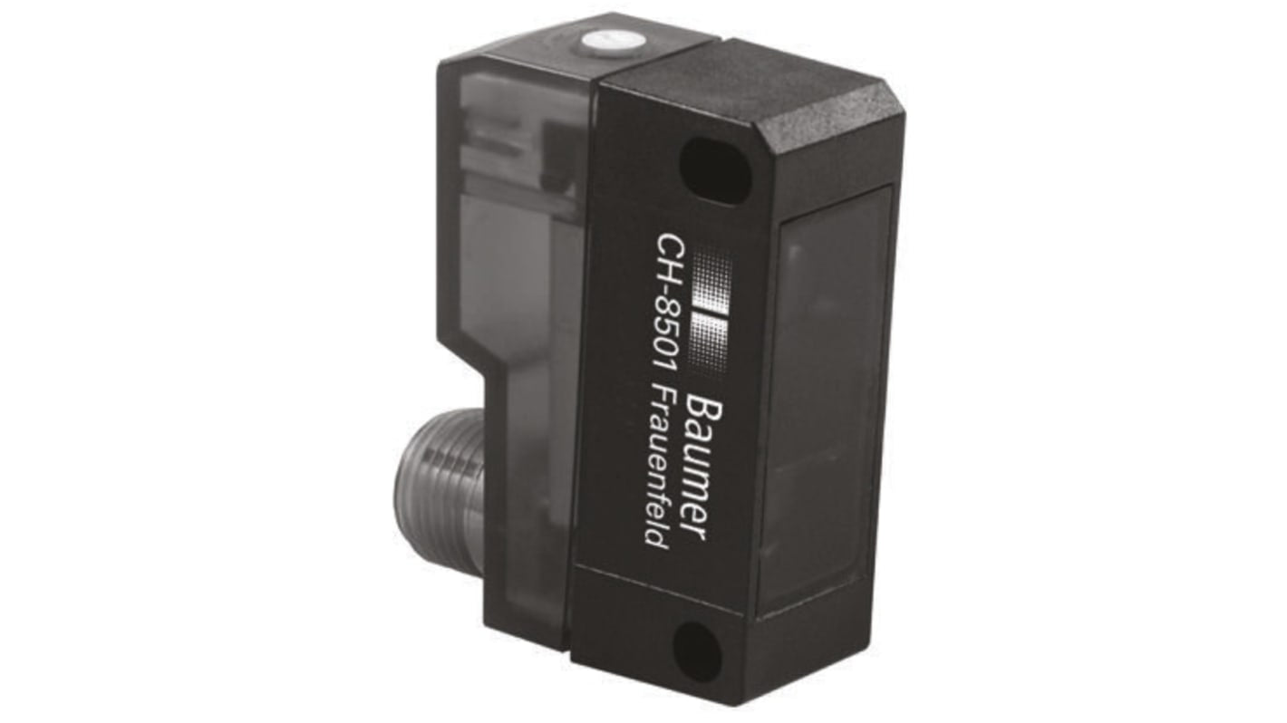 Sensore fotoelettrico rettangolare Baumer FHDK 14P5104/S14, rilevamento 30-500 mm, uscita PNP, IP67, dimensioni 43 x 14,8 x 31 mm.