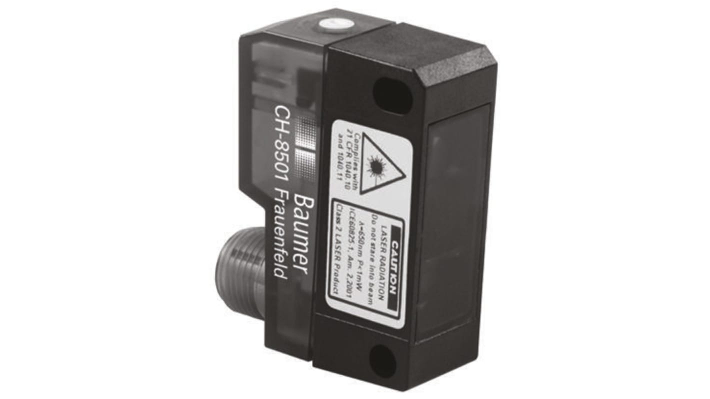 Baumer OPDK 14P5901/S14, sensore fotoelettrico rettangolare a retroriflessione, rilevamento fino a 10 m, uscita PNP, dimensioni 43 x 14,8 x 31 mm.