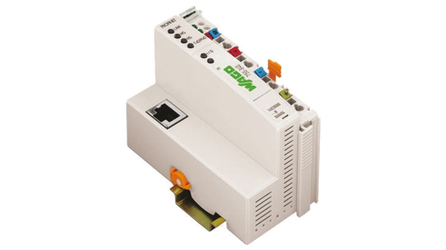 Modulo I/O Wago 750-340, per ingressi e uscite analogici e digitali, montaggio su guida DIN, dimensioni 71,1 x 50,5 x 100 mm.