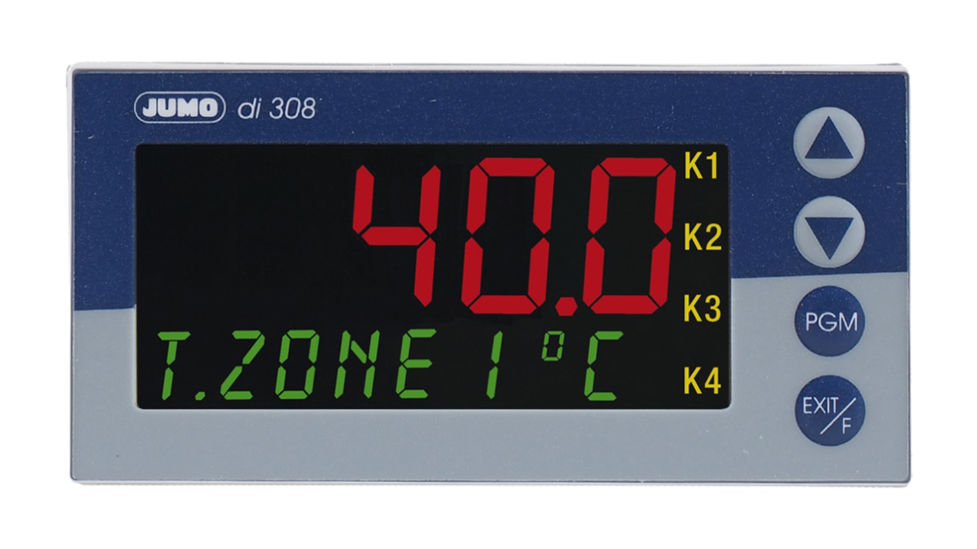 Indicatore digitale Jumo 701550/181-000-25/000, dimensioni 96 x 48 mm, alimentazione 20-30 V, display LCD multicolore, IP65.