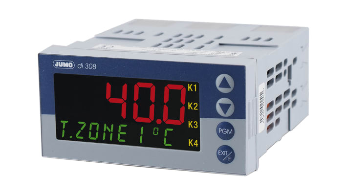 Indicatore digitale Jumo 701550/181-000-25/000, dimensioni 96 x 48 mm, alimentazione 20-30 V, display LCD multicolore, IP65.