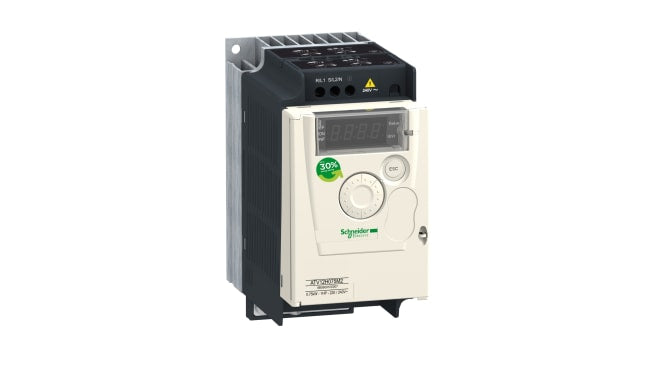 Inverter industriale Schneider Electric ATV12H055M2, 0,55 kW, 230 V c.a., 1 fase - Serie ATV 12. Regola la velocità dei motori con precisione, filtro EMC integrato. Ideale per settore tessile, miscelazione di bevande e automazione.