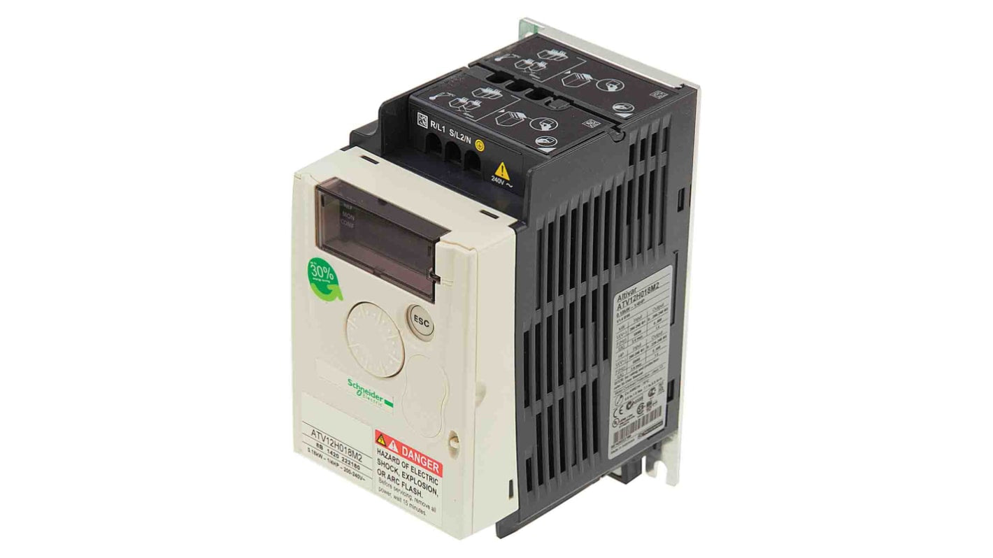 Inverter Schneider Electric ATV12H037F1, 0,37 kW, 110 V, 2,4 A, IP20, dimensioni 72x143x102,2 mm, comunicazione Modbus.