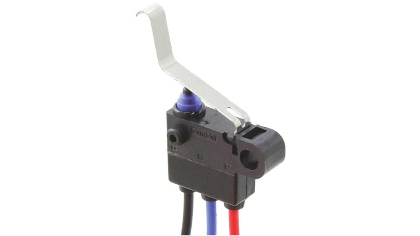 Microinterruttore Omron D2HW-C282M SPST pre-cablato, IP67, montaggio a vite, corrente nominale 2 A, temperatura operativa -40/+85 °C.