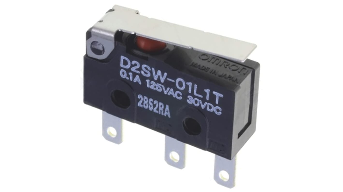 Microinterruttore SPDT pre-cablato Omron D2SW-01MS, grado di protezione IP67, contatti in lega d'oro, temperatura operativa -40/+85 °C.