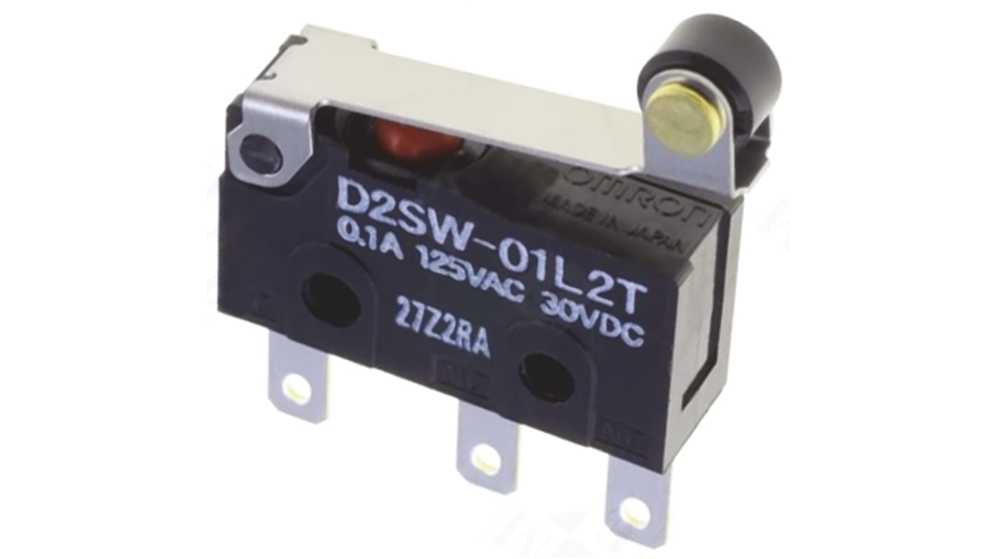Microinterruttore Omron D2SW-3L2T SPDT, sigillato IP67, attuatore a rullo, corrente nominale 3 A, temperatura -40/+85°C.