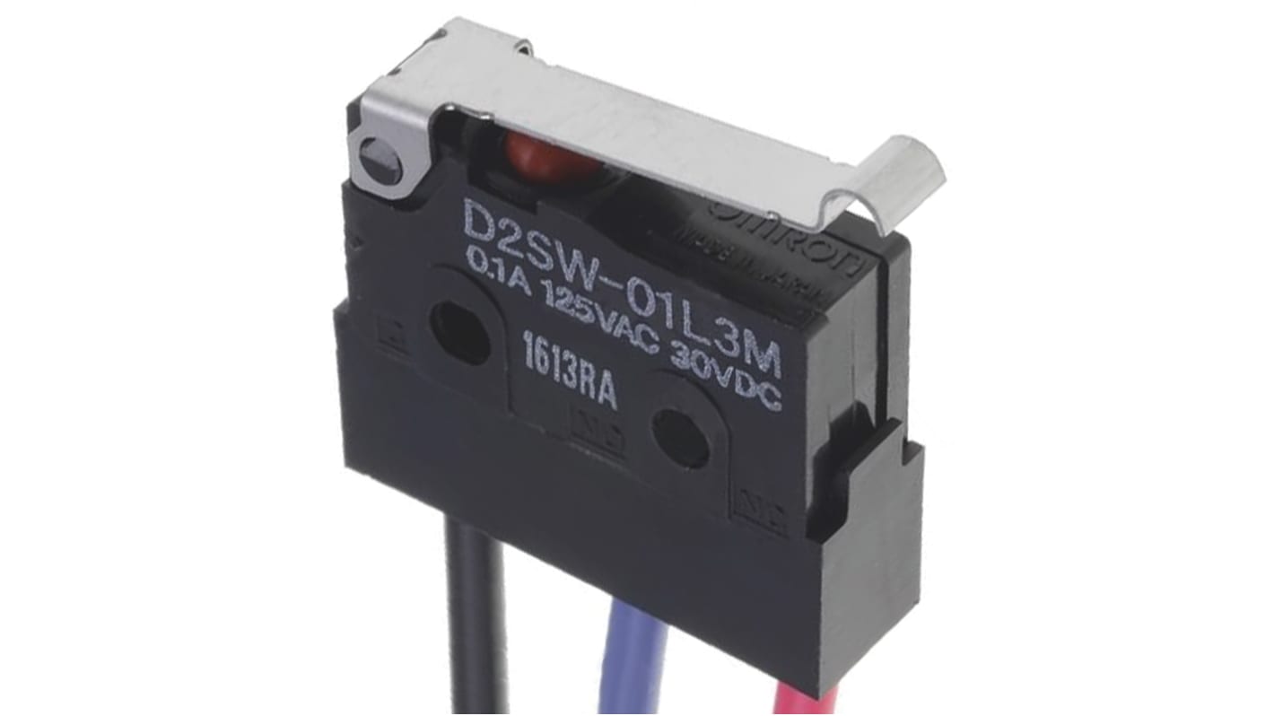 Microinterruttore Omron D2SW-01L3M SPDT pre-cablato, grado di protezione IP67, per ambienti umidi e polverosi.