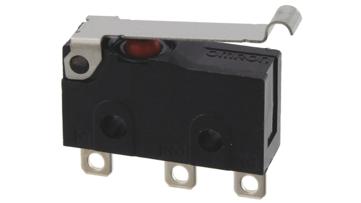 Microinterruttore SPDT Omron D2SW-01L3H, grado di protezione IP67, corrente nominale 100 mA a 30 V cc, attuatore con leva a rotella.