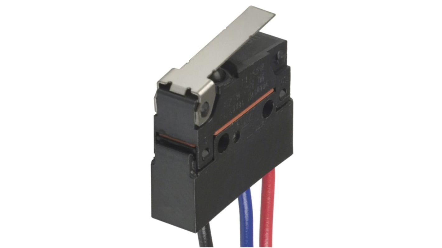Microinterruttore Omron D2SW-P01L1M SPDT pre-cablato, grado di protezione IP67, temperatura operativa -40/+80 °C.