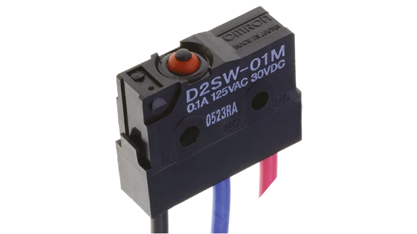 Microinterruttore Omron D2SW-P2M SPDT pre-cablato, sigillato IP67, corrente 2 A a 250 V, temperatura -20/+70 °C.