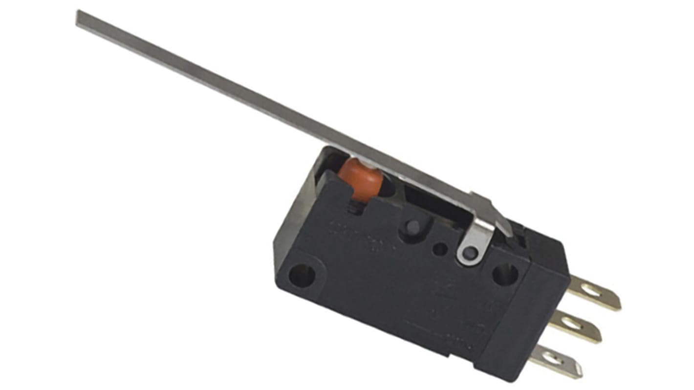 Microinterruttore Omron SPDT D2VW-01L1B-1(CHN) a saldare, protezione IP67, attuatore con leva lunga, corrente 100 mA a 30 V cc.