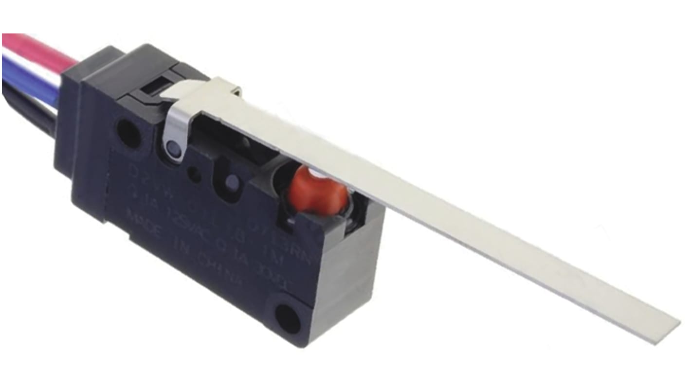 Microinterruttore Omron D2VW-01L1B-1M(CHN) SPDT pre-cablato, IP67, attuatore a leva lunga, 100 mA a 30 V cc.